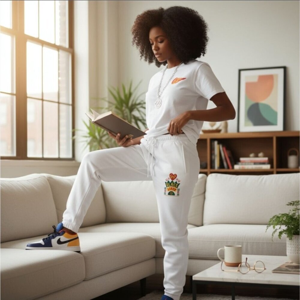 Cross Colours ✦ White Graphic Joggers ✦ Black Lives Are Loved Drawstring Pockets